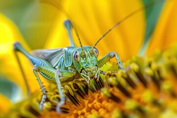 Close-up image focusing on a green insect sitting atop a sunflower, revealing the intricate details of the insect's body and the sunflower's structure in a natural setting.