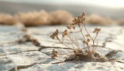 A dried plant stands alone on parched, cracked earth with a hazy desert background, symbolizing endurance and the severe beauty of arid environments.