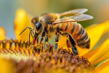 Naklejka premium A close-up image of a bee collecting pollen from a sunflower in an outdoor setting, highlighting the beauty of nature and the intricate details of the bee and flower.