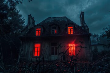 A dilapidated, scary house with red lights shining from the windows, set against a dark night sky, and trees in the foreground adding to the haunted feel.