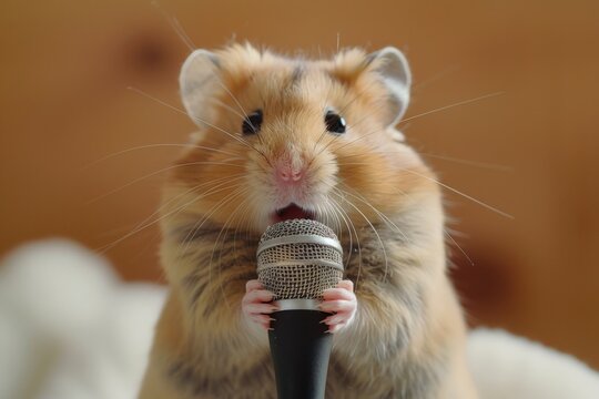 A cute hamster holding a small microphone is featured in this close-up image, showcasing an endearing and anthropomorphic moment, making it highly engaging.