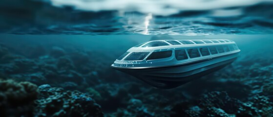 Fototapeta premium A conceptual ferry service employs boats with enchanted hulls that can travel both on water and through it