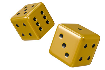 3d Rolling gold dice icon isolated on purple background. White roll cubes for gamble games concept, casino token concept. 3d gold dice cube icon. 3d render.