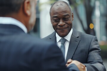This image depicts two men in formal suits exchanging a warm handshake, symbolizing professionalism, mutual respect, and the establishment of a positive business relationship.