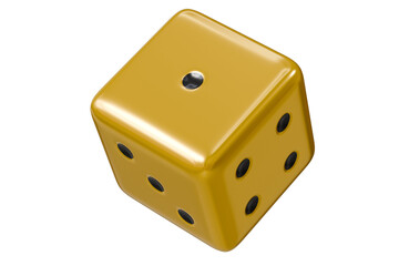 3d Rolling gold dice icon isolated on purple background. White roll cubes for gamble games concept, casino token concept. 3d gold dice cube icon. 3d render.