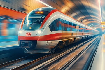 Fototapeta premium Dynamic image capturing the sense of speed with a modern red and white high-speed train in motion blur through a tunnel