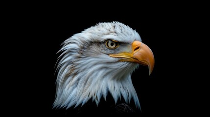 Obraz premium An elegant side view of a bald eagle exhibiting intense focus, captured in incredible detail against a black background, embodying strength, freedom, and natural beauty.