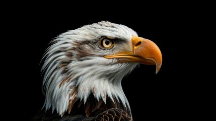 Naklejka premium The profile of a Bald Eagle is depicted against a black background, highlighting the eagle's prominent beak and sharp eye, symbolizing power and vigilance.