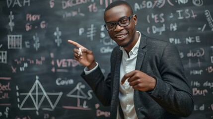 A joyful man in glasses, dressed smartly, points at a chalkboard covered with scientific equations, exuding enthusiasm and expertise in mathematics or science education.
