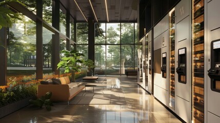 A modern lobby with large windows overlooking a green outdoor space. There are rows of automated storage units against the wall.