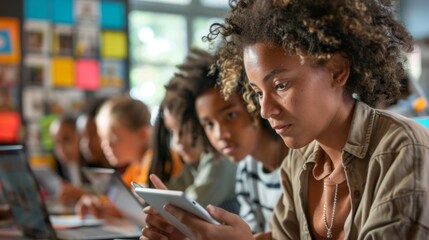 The image captures students engaged in using tablets within a modern classroom environment, highlighting the incorporation of technology in education and interactive learning.