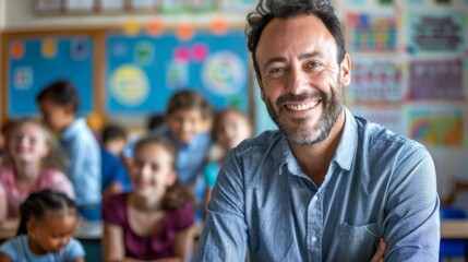 Fototapeta premium A smiling teacher stands in a classroom with joyful students behind her, creating a warm and welcoming environment that fosters positivity, learning, and strong teacher-student bonds.