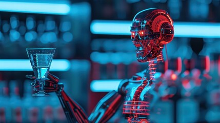 A futuristic bar features robotic bartenders programmed with supernatural mixology skills