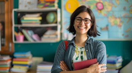 A young female teacher stands smiling with books in hand in a lively classroom adorned with educational materials, showcasing preparedness and enthusiasm towards teaching students.
