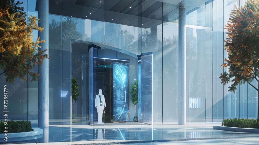 Aufkleber a modern office building with a glass facade and a digital display screen embedded in the entrance. 