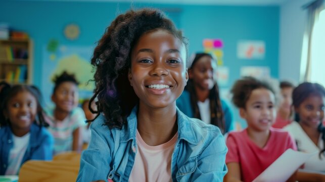 A bright and confident girl smiles in a classroom setting, with classmates and colorful decorations in the background, highlighting a positive learning environment.