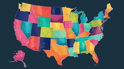 An abstract, vibrant map of the United States featuring varied colors for each state, making each state distinctly recognizable in a modern, artistic layout.