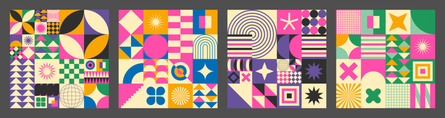 Abstract simple geometric seamless pattern with figure, form, shapes, circle and lines in retro style. Vibrant grunge geometry brutalism y2k 2000s print. Modern collage vector illustration