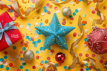 Colorful New Years Eve Decorations With Gift and Confetti