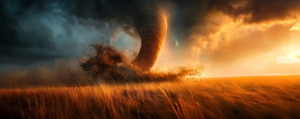 Fototapeta premium A powerful tornado spinning through a field under a dark and dramatic sky, capturing the raw power and intensity of nature's force, with swirling debris and dust.
