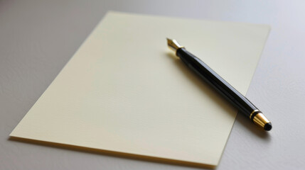 A blank piece of paper with a pen lies on a white surface, ready for writing or drawing.