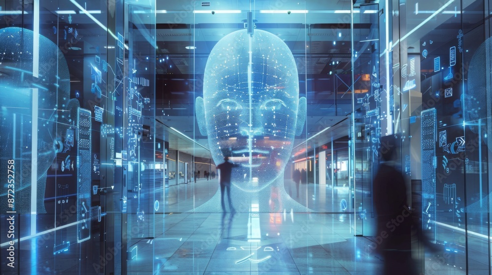 Poster a large digital face is projected onto the glass walls of a modern building, creating a futuristic a