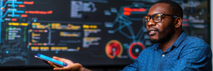 A man reviews a project with a screen displaying code behind him, holding a phone in his left hand, gesturing with his right hand as he talks