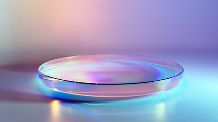 Crystal glass plate in 3D, with a rainbow and holographic effect. It's transparent and looks like a mirror or a podium for products. It has a gradient texture that changes color like a rainbow.