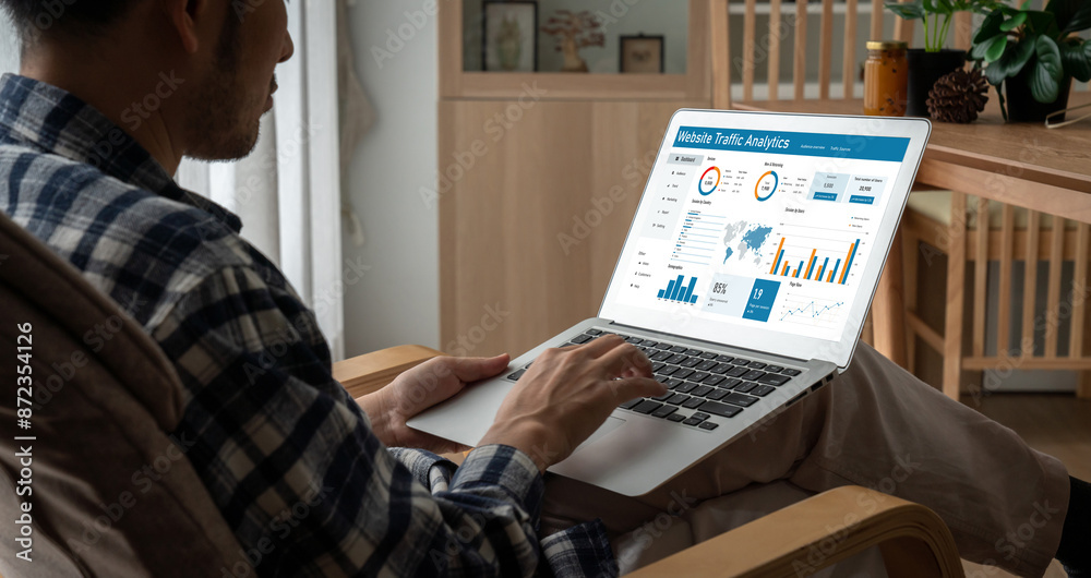 Poster computer software for website traffic analytics data on computer screen. concept of seo search engin