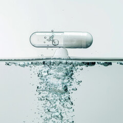 Fizzing pill breaking apart in clear water against a white backdrop, close-up