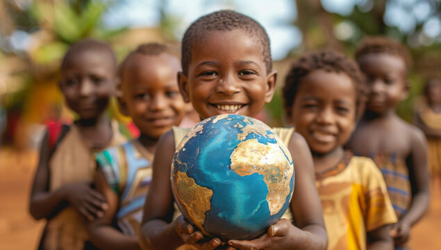 International day of peace concept with African Children holding earth globe. Group of African children holding planet earth over blurry nature background with copy space