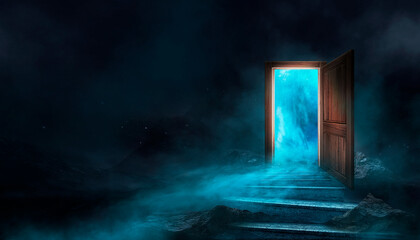 Open magical doors in a dark room. Fantasy abstract magical background with a portal, glow, smoke, smog.