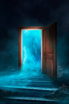 Open magical doors in a dark room. Fantasy abstract magical background with a portal, glow, smoke, smog.