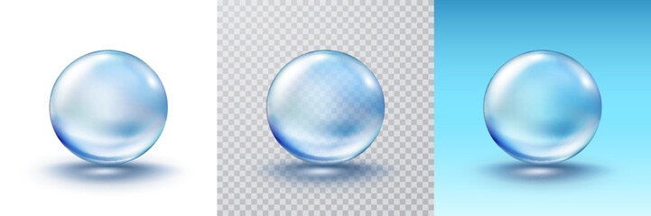 Collagen droplet isolated on transparent, blue and white  backgrounds. Realistic vector clear dew, pure drop, water bubble or glass ball template