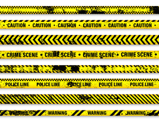 Old grunge barricade construction tape. Yellow police warning line, brightly colored danger or hazard stripe, ribbon. Restricted area, zone. Attention symbol. Vector illustration