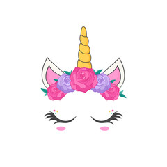 Cute unicorn head with beautiful flowers crown. Vector illustration