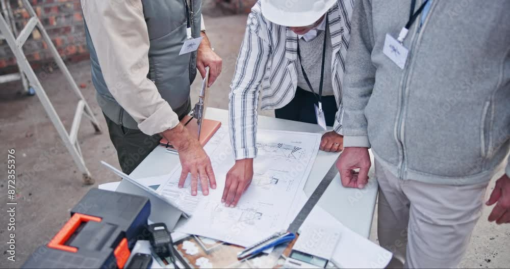 Poster construction, building and blueprint for planning or worker, property development and architecture c