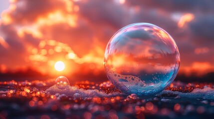 Sunset Colors Reflected in a Floating Soap Bubble