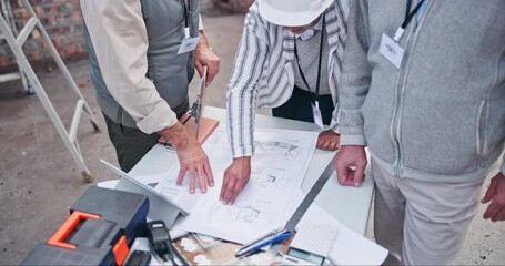 Construction, building and blueprint for planning or worker, property development and architecture conversation on site. Documents, people and teamwork collaboration, table and project management