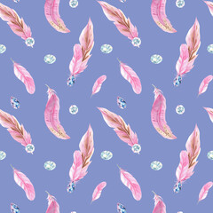 Watercolor Seamless Pattern with Pink Feathers and Jewelry Crystals or Beads on blue background. Hand drawn watercolor illustration. Can be used for fabric, textile and packaging prints.