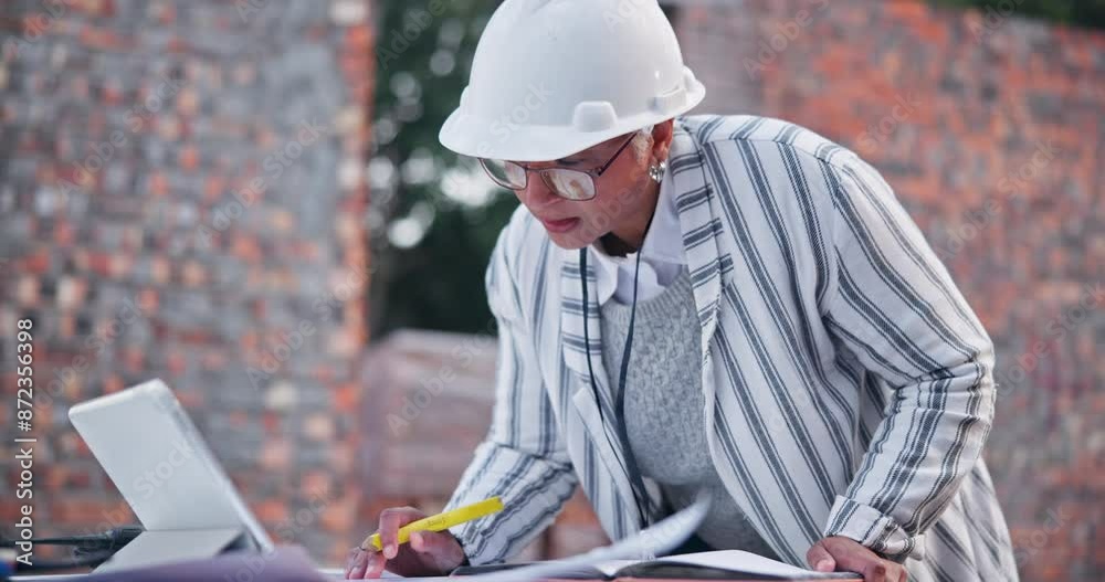 Sticker Architect, woman and writing with planning at construction site for design with application on tablet. Mature person, documents and touchscreen with notes, reading and outdoor for urban development