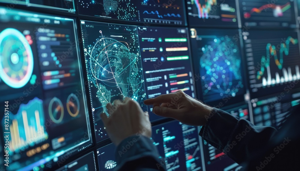 Poster in a cuttingedge control room, realtime data visualizations and analytics are displayed on multiple 
