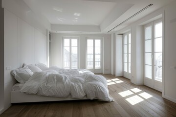 White bedroom with white walls and wooden floor.