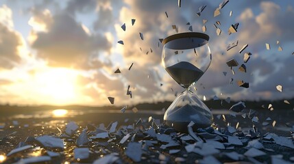 An hourglass with the top bulb shattered, sand spilling out rapidly, symbolizing a sudden and unexpected end, generative AI
