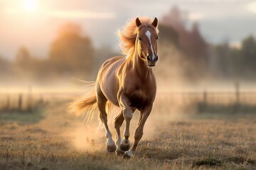 Obraz premium A powerful horse with a shiny coat gallops across a sunlit field, its mane flowing in the morning mist, embodying freedom and the beauty of nature.