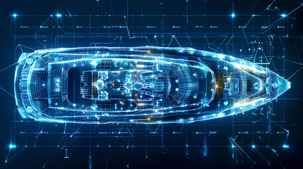 Top view of futuristic yacht design with glowing lines and digital elements on a dark blueprint background