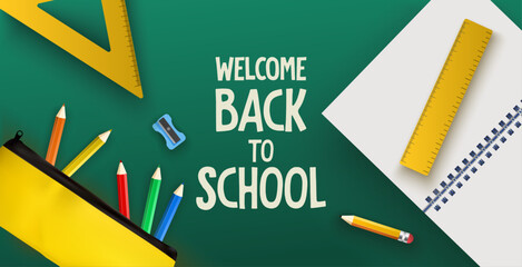 Welcome Back to School Background with, pencil case, colorful pencil, notebook, ruler and green background. Vector illustration for banner, website, sale, discount, promo, flyer, brochure, school back