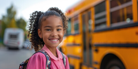 Cute elementary student girl ready to board yellow school bus