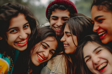 Fototapeta premium A group of friends celebrating International Friendship Day with laughter and hugs, captured in a candid moment 