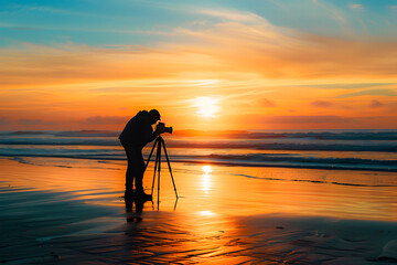 A photographer taking a stunning shot at sunrise on a beach, with the golden light casting a beautiful glow, symbolizing World Photography Day
